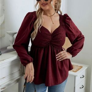 SHEIN Essnce Plus Sweetheart Neck Shirred Lantern Sleeve Peplum Blouse